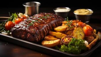 ai generado A la parrilla bife, cocido a perfección, Listo a comer en rústico plato generado por ai foto