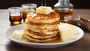 AI generated Stack of pancakes with honey, butter, and syrup pouring generated by AI photo
