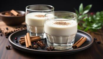 AI generated Fresh milkshake on wooden table with chocolate and anise decoration generated by AI photo