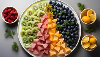 AI generated Fresh fruit salad, a healthy and colorful gourmet dessert generated by AI photo