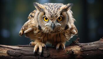 AI generated Large eagle owl perching on branch, staring with yellow eyes generated by AI photo