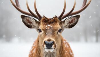 ai generado linda ciervo en invierno bosque, nevando, mirando a cámara generado por ai foto