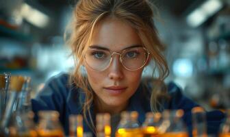 AI generated Woman working in laboratory. A woman wearing glasses attentively examines a table filled with various types and styles of glasses. photo