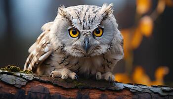 AI generated Large eagle owl perching on branch, staring with piercing blue eyes generated by AI photo