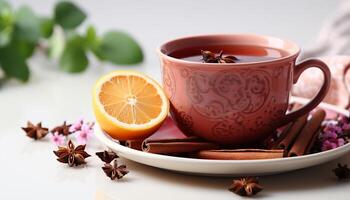 AI generated Hot drink, tea, spice, fruit, freshness, wood, relaxation, organic, citrus generated by AI photo