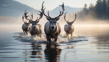 AI generated Tranquil scene deer in reflection, nature beauty in winter generated by AI photo