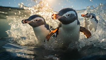 ai generado linda pingüino nadando en azul agua, mirando a cámara generado por ai foto