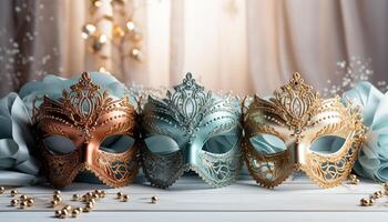 AI generated Elegant gold masks disguise tradition at luxurious costume celebration generated by AI photo