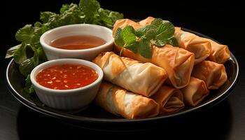 AI generated A fresh, healthy meal vegetarian spring rolls with savory sauce generated by AI photo