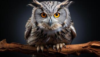 AI generated Eagle owl, majestic bird, perching on branch, staring at camera generated by AI photo