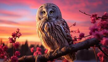 AI generated The majestic hawk perches on a branch, staring at twilight generated by AI photo