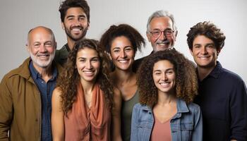 ai generado un alegre grupo de personas sonriente, mirando a cámara, unión generado por ai foto