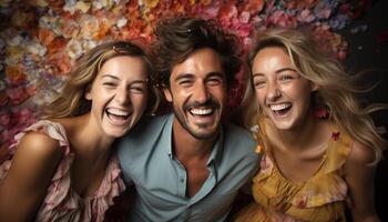 ai generado un grupo de sonriente amigos disfrutando un alegre al aire libre fiesta generado por ai foto