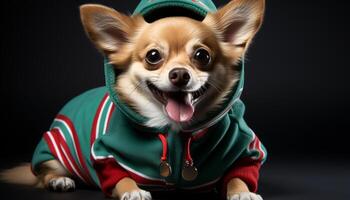 AI generated Cute puppy in winter costume looking at camera, sitting indoors generated by AI photo