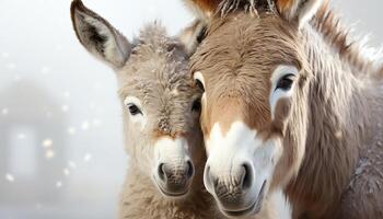 AI generated Cute horse and donkey looking at camera in snowy meadow generated by AI photo