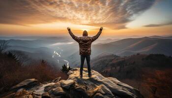 ai generado uno persona en pie en parte superior de montaña, brazos extendido generado por ai foto