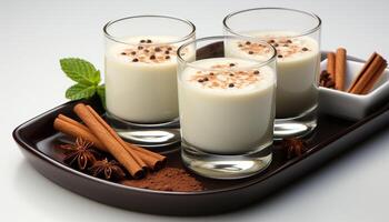 AI generated Gourmet dessert chocolate mousse, vanilla yogurt, mint leaf decoration generated by AI photo