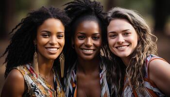 AI generated Young women smiling, enjoying outdoors, bonding in a carefree summer generated by AI photo