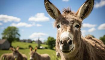 AI generated Cute donkey grazing in green meadow, nature adorable portrait generated by AI photo