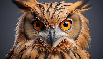 AI generated Great horned owl, majestic bird of prey, staring at camera generated by AI photo