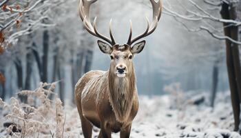 ai generado linda ciervo en invierno bosque, mirando a cámara, Nevado paisaje generado por ai foto