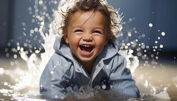 ai generado sonriente niño jugando en el nieve, alegre y mojado generado por ai foto