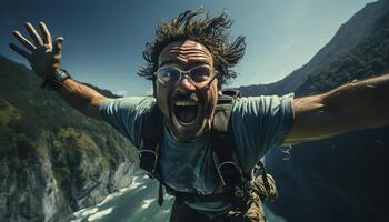 ai generado un alegre hombre senderismo, disfrutando naturaleza libertad y aventuras generado por ai foto