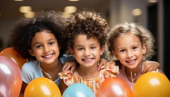 ai generado un alegre grupo de niños jugando, celebrando un cumpleaños juntos generado por ai foto