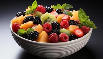 AI generated Fresh fruit salad raspberry, strawberry, blueberry, melon, grape, blackberry generated by AI photo