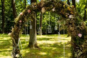 Arch for the wedding ceremony. Decorated with flowers and greenery. Is located in a pine forest. Just married photo