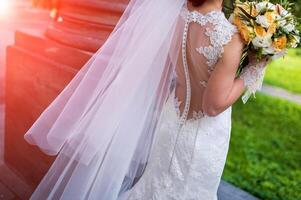 Young attractive bride in white beautiful wedding dress. Wedding concept, back view photo