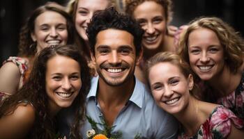 ai generado un alegre grupo de joven adultos disfrutando un verano fiesta generado por ai foto