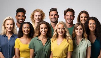 ai generado sonriente grupo de gente, alegre felicidad, mujer y hombres generado por ai foto