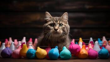 ai generado linda gatito jugando con juguete pelota en de madera mesa generado por ai foto