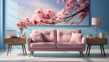 AI generated Modern apartment with comfortable sofa, pink chair, and bright decor generated by AI photo