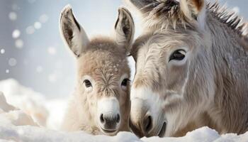 AI generated Cute donkey and goat looking at camera in snowy meadow generated by AI photo