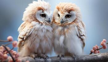 AI generated Two cute eagle owls perching on a branch, looking at camera generated by AI photo