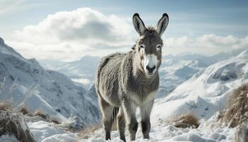 AI generated Cute fluffy alpaca grazes on frozen mountain meadow generated by AI photo