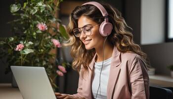 AI generated Young woman working indoors, smiling, listening with headphones, using laptop generated by AI photo