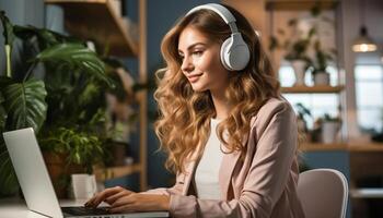 AI generated Young woman working indoors, smiling, using laptop and wireless headphones generated by AI photo