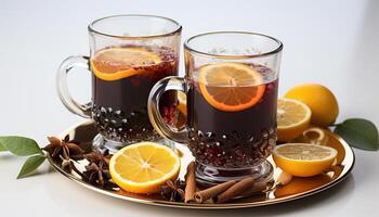 AI generated Fresh lemon slice in hot mulled wine, a winter delight generated by AI photo