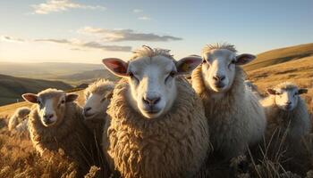 ai generado linda oveja pasto en verde prado debajo el puesta de sol generado por ai foto