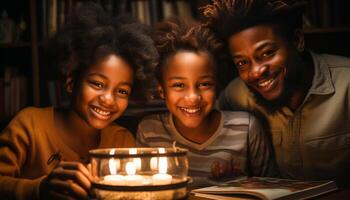 AI generated A happy family sitting together, smiling, enjoying candlelight and love generated by AI photo