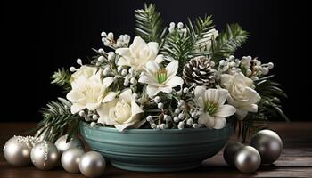 ai generado un Fresco ramo de flores de flores en un rústico de madera florero generado por ai foto