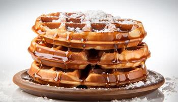 AI generated A stack of fresh Belgian waffles, dripping with honey and syrup generated by AI photo