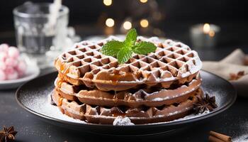 AI generated A stack of homemade waffles with raspberry syrup and chocolate generated by AI photo