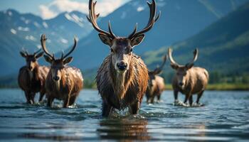 AI generated Deer grazing in the meadow, reflecting in tranquil pond generated by AI photo