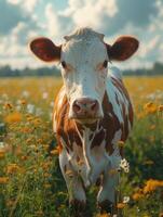 ai generado joven becerro es en pie en campo con amarillo flores vaca es en pie en un verde campo en el primavera foto