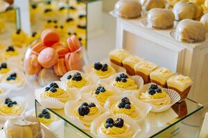 lemon cakes decorated with blue berries stand on the table near the macaroons, pannacotta and chocolate jelly. Close-up photo