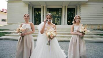 de mariée fête élégance, la mariée avec demoiselles d'honneur dans élégant Robes posant en toute confiance à une luxueux lieu. video